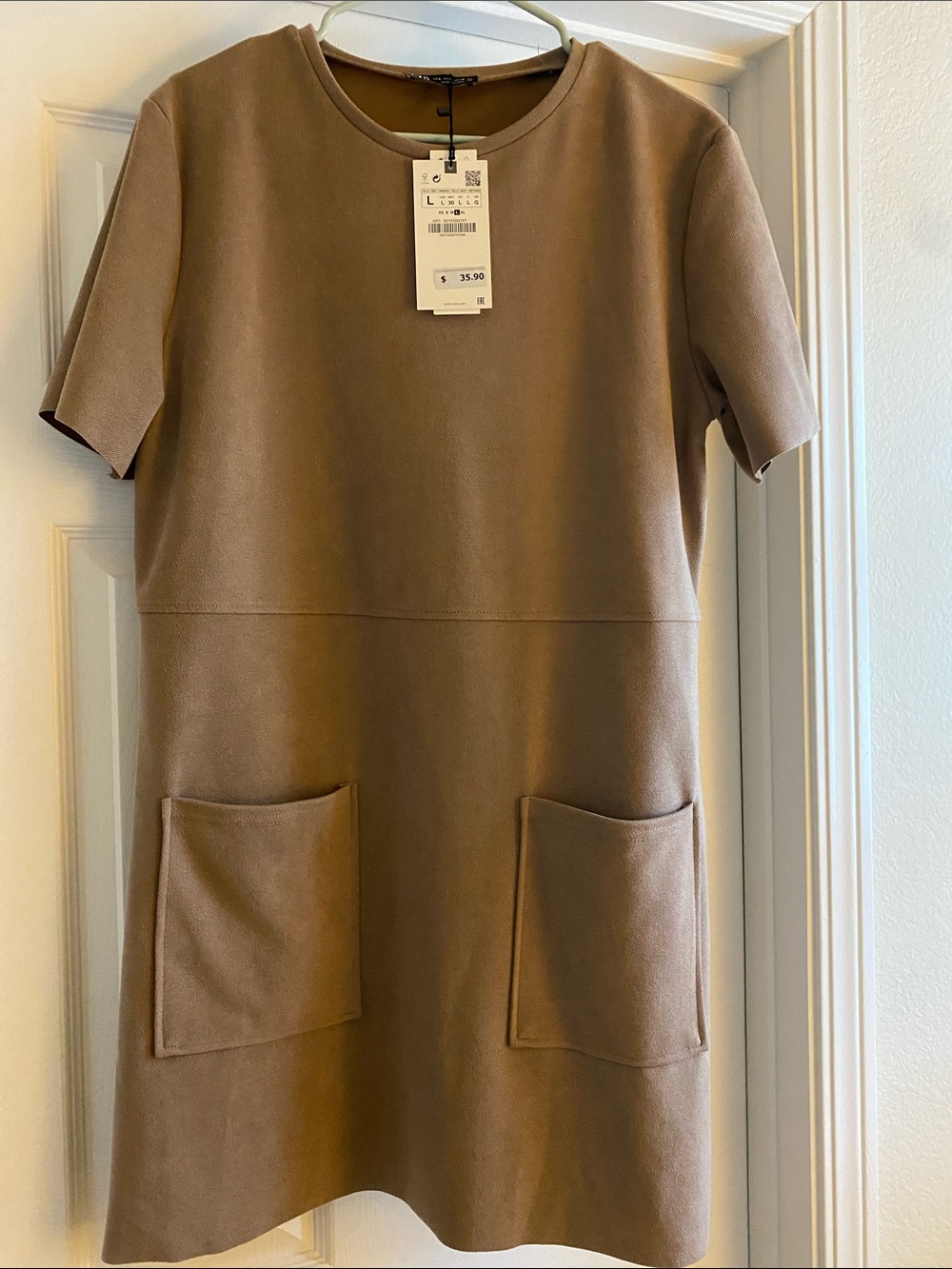 Zara Tan Short Sleeve Shift Dress with Front Pockets